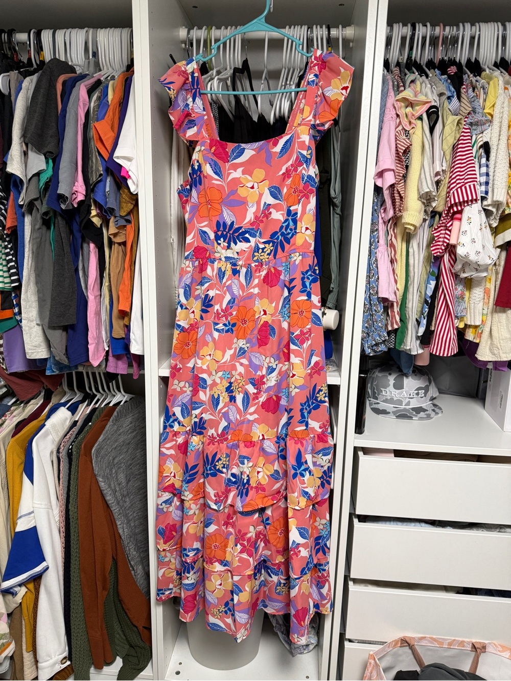 Amazon Floral Ruffle-Strap Maxi Dress in Coral and Blue